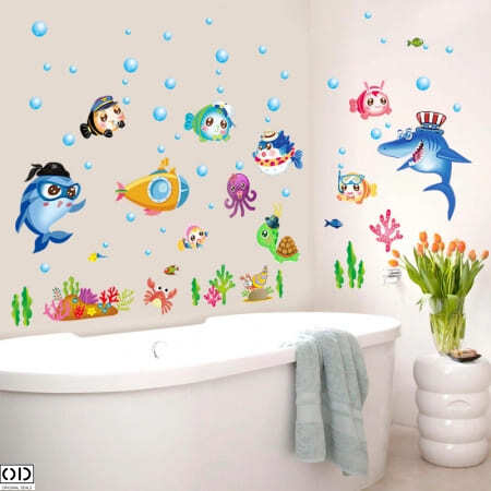Sticker Decorativ pentru Baie, Pesti, Animale si Plante Marine, 75 x 123cm
