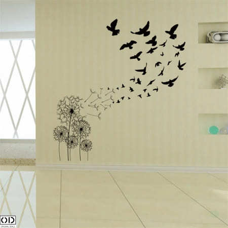 Sticker Decorativ pentru Perete, Papadii si Pasari Negre, 70 x 50 cm, Premium [4]
