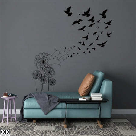 Sticker Decorativ pentru Perete, Papadii si Pasari Negre, 70 x 50 cm, Premium [2]
