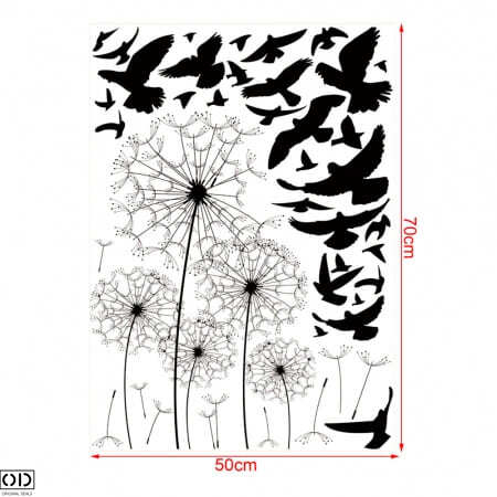Sticker Decorativ pentru Perete, Papadii si Pasari Negre, 70 x 50 cm, Premium [3]