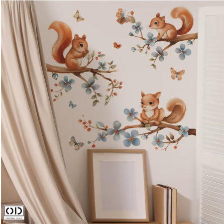 Sticker Decorativ pentru Perete sau Mobila, din PVC Autoadeziv, Model cu Veverite in Copac [6]