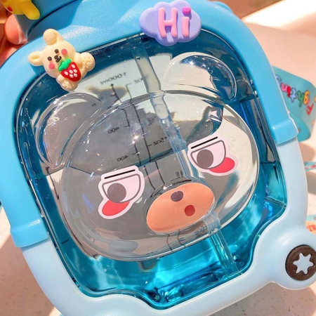 Sticla cu pai pentru copii, , model ursulet, gradata, stickere aplicate, curea reglabila, din plastic rezistent la cadere, 1l, Albastru, 20 x 13 cm [3]