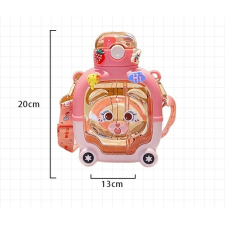 Sticla cu pai pentru copii, , model ursulet, gradata, stickere aplicate, curea reglabila, din plastic rezistent la cadere, 1l, Roz, 20 x 13 cm [4]