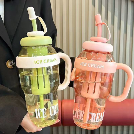 Sticla de Apa, , Termica, Mentinere 6 Ore, 1400 mL, cu Pai si Capac, PP si Silicon, cu Maner Alb, 25.5x7.5 cm, Roz Deschis [3]