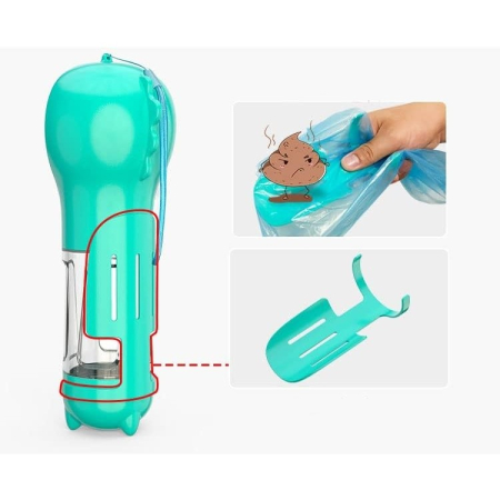 Sticla portabila 4 in 1 , pentru caini si pisici, cu 3 compartimente + lopetica, 300ml, apa, hrana, pungi igienice, lopetica, 26.7 x 9.7 x 9.4 cm, turcoaz [9]