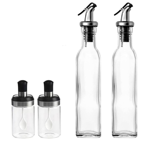 Organizatoare si Depozitare Bucatarie - Sticle si Borcane de Ulei de Masline, , Dozator Set 4 Bucati, 2 Sticle cu Dispenser 500 ml/buc, 2 Borcane pentru Condimente cu Capac si Lingura 120ml/buc, Transparent