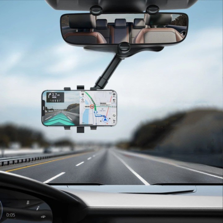 Suport auto cu atasare la oglinda retrovizoare, model Y611, rotativ 360 de grade și retractabil, multifuncțional, compatibil cu toate telefoanele mobile, Negru [3]