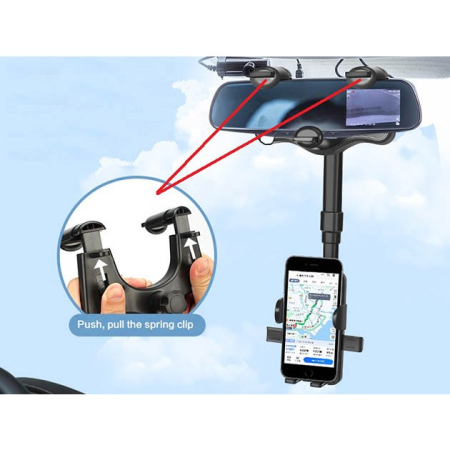 Suport auto cu atasare la oglinda retrovizoare, rotativ 360 de grade și retractabil, multifuncțional, compatibil cu toate telefoanele mobile, Finisaj Carbon, Negru [4]