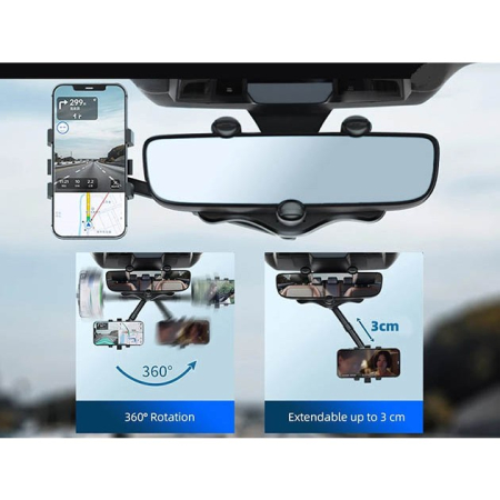 Suport auto cu atasare la oglinda retrovizoare, rotativ 360 de grade și retractabil, multifuncțional, compatibil cu toate telefoanele mobile, Finisaj Carbon, Negru [2]