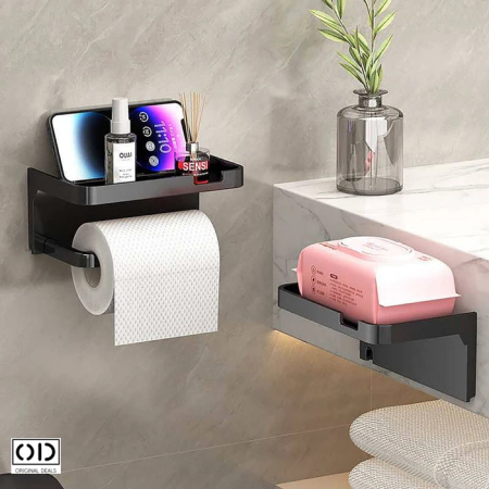 Suport autoadeziv pentru hartie igienica cu raft pentru depozitare servetele sau accesorii, montaj fara gaurire, culoare gri inchis – solutie practica si moderna pentru baie. ORIGINAL DEALS. [3]