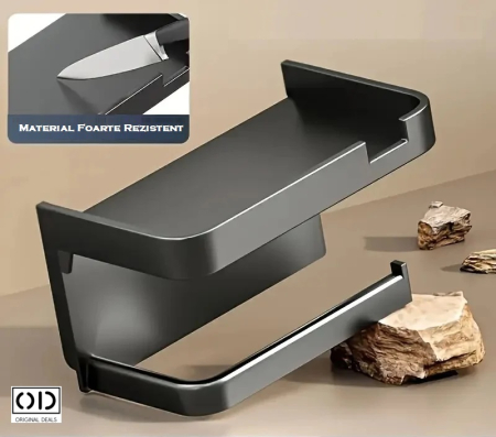 Suport autoadeziv pentru hartie igienica cu raft pentru depozitare servetele sau accesorii, montaj fara gaurire, culoare gri inchis – solutie practica si moderna pentru baie. ORIGINAL DEALS. [11]