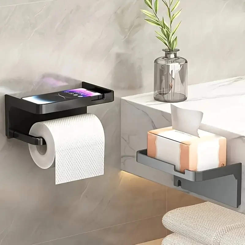 Suport autoadeziv pentru hartie igienica cu raft pentru depozitare servetele sau accesorii, montaj fara gaurire, culoare gri inchis – solutie practica si moderna pentru baie. ORIGINAL DEALS. [6]