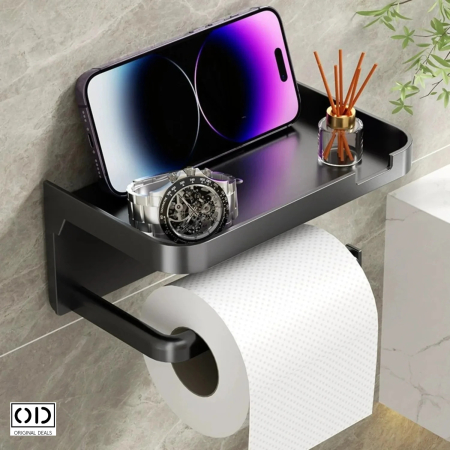 Suport Autoadeziv pentru Hartie Igienica cu Raft pentru Telefon, PVC Gri Inchis, Premium, 17.5 x 10 x 8 cm