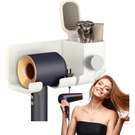 Suport de Baie, , pentru Uscator de Par, cu Organizator Dublu, din Plastic, Aplicare cu Suport Adeziv, 23 x 8.8 x 9.5 cm, Alb [2]