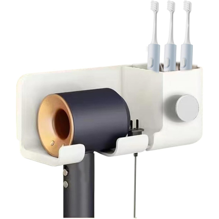 Suport de Baie, , pentru Uscator de Par, cu Organizator Dublu, din Plastic, Aplicare cu Suport Adeziv, 23 x 8.8 x 9.5 cm, Alb [1]