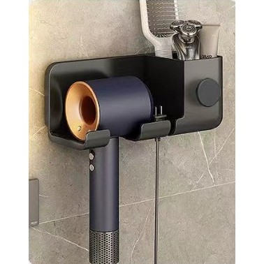 Suport de Baie, , pentru Uscator de Par, cu Organizator Dublu, din Plastic, Aplicare cu Suport Adeziv, 23 x 8.8 x 9.5 cm, Negru [1]