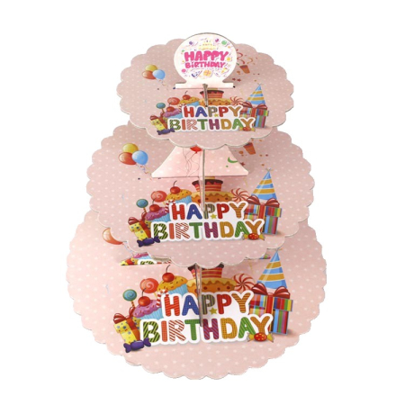 Articole Servire Masa - Suport Etajat pentru Prajituri, , cu Tematica Happy Birthday, 3 Nivele, Model 2, 38x34x1cm, Multicolor