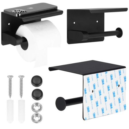 Suport hartie igienica din otel cu raft depozitare, prindere fara gaurire, 14cm, negru [2]