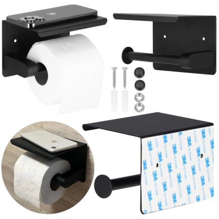 Suport hartie igienica din otel cu raft depozitare, prindere fara gaurire, 14cm, negru [3]