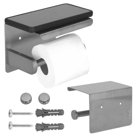 Suport hartie igienica din otel cu raft depozitare, sistem montare inclus, 13.5cm, argintiu lucios [1]