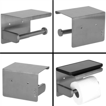 Suport hartie igienica din otel cu raft depozitare, sistem montare inclus, 13.5cm, argintiu lucios [10]