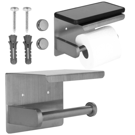 Suport hartie igienica din otel cu raft depozitare, sistem montare inclus, 13.5cm, argintiu lucios [4]