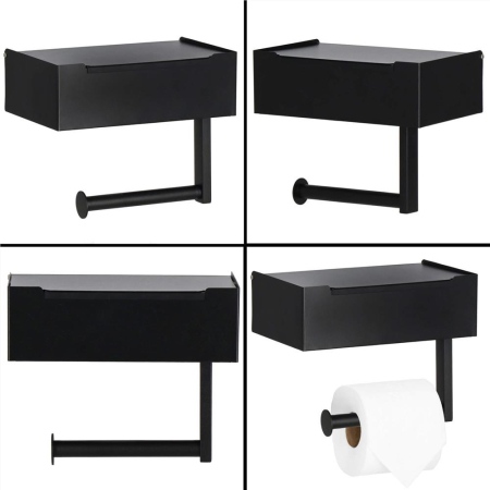 Suport hartie igienica din otel cu sertar depozitare, sistem montare inclus, 22cm, negru bej [18]