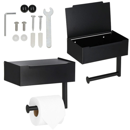 Suport hartie igienica din otel cu sertar depozitare, sistem montare inclus, 22cm, negru bej [3]