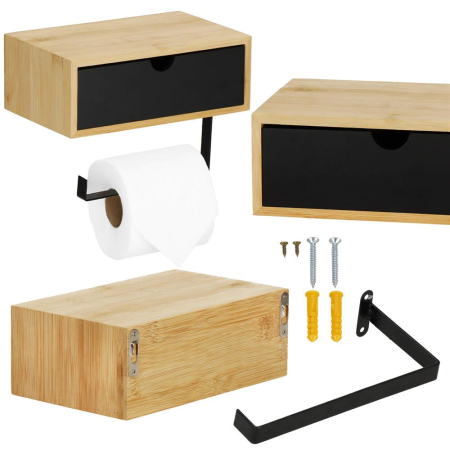 Suport hartie igienica din otel cu sertar depozitare, sistem montare inclus, 22cm, negru bej [5]