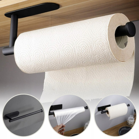 Suport hartie igienica din otel, prindere fara gaurire, 33.5cm, negru [12]