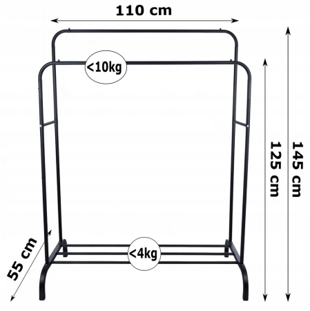Suport metalic pentru haine 110x55x145 cm, cu bara dubla si raft pentru incaltaminte, negru [11]