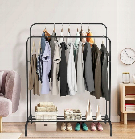 Suport metalic pentru haine 110x55x145 cm, cu bara dubla si raft pentru incaltaminte, negru [1]