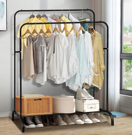 Suport metalic pentru haine 110x55x145 cm, cu bara dubla si raft pentru incaltaminte, negru [4]