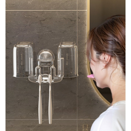 Suport Multifunctional Dublu, Pahar si Suport pentru Periuta de Dinti, , Plastic, 11 cm x 11.5 cm, Gri [5]