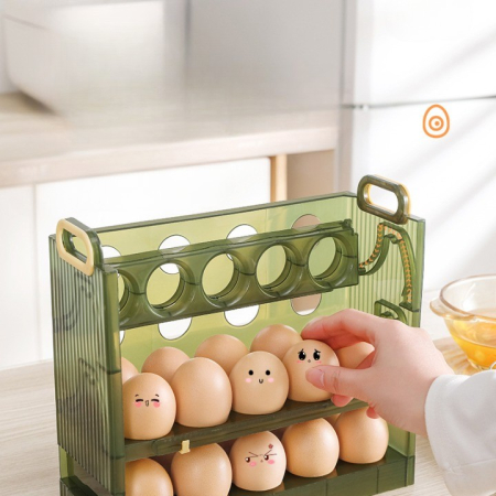 Suport Organizator pentru Oua, , pentru Frigider, Verde transparent, Capacitate 30 oua, Trei straturi, cu Data de Expirare, 25.5x10x23 cm [6]
