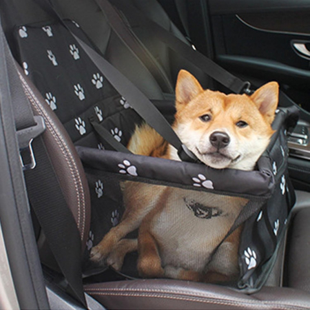 Suport pentru Animalele de Companie, , pentru Masina, cu Prindere de Scaun si Centura de Siguranta, Negru cu Imprimeu, 40x32x42cm [6]