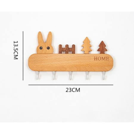 Suport pentru Chei, , din Lemn, Aplicare fara Perforare, Adeziv Inclus, 5 Carlige Albe, Model Iepure, Greutate Suportata 5 kg, 13.5 x 22 cm, Maro [2]