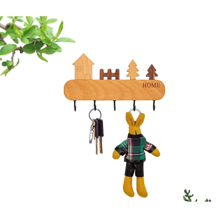 Suport pentru Chei, , din Lemn, Aplicare fara Perforare, Adeziv Inclus, 5 Carlige Negre, Model Casuta, Greutate Suportata 5 kg, 13.5 x 23 cm, Maro [1]