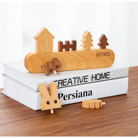 Suport pentru Chei, , din Lemn, Aplicare fara Perforare, Adeziv Inclus, 5 Carlige Negre, Model Casuta, Greutate Suportata 5 kg, 13.5 x 23 cm, Maro [2]