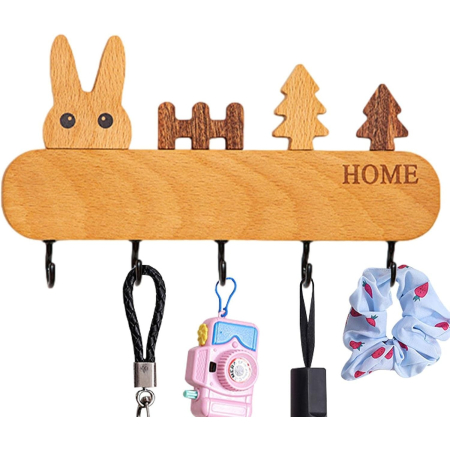 Suport pentru Chei, , din Lemn, Aplicare fara Perforare, Adeziv Inclus, 5 Carlige Negre, Model Iepure, Greutate Suportata 5 kg, 13.5 x 22 cm, Maro [3]