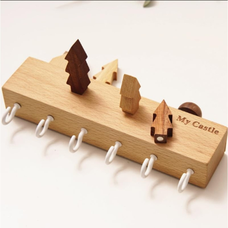 Suport pentru Chei, , din Lemn, Aplicare fara Perforare, Adeziv Inclus, 6 Carlige Albe, Model Casuta, Greutate Suportata 5 kg, 14.5 x 2 x 22.5 cm, Maro [4]