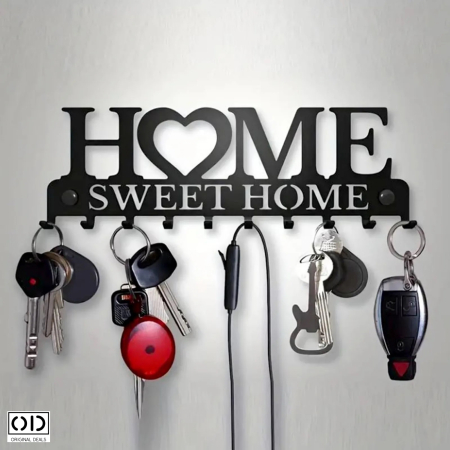Suport pentru Chei si Obiecte cu 10 Agatatori, Model "Home Sweet Home", din Metal Negru, cu Dibluri Incluse, 26 x 9.5 x 3 cm