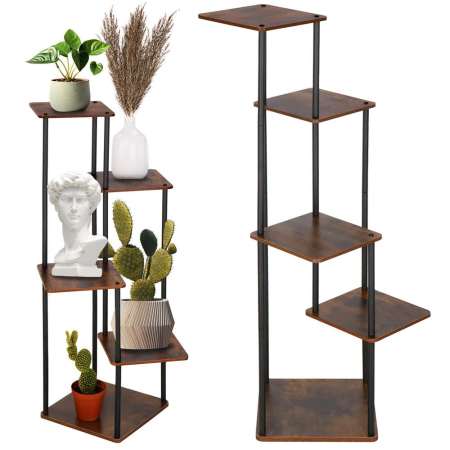 Suport pentru flori, 106x58 cm, negru/maro deschis – 5 rafturi, structura metalica, design modern [13]