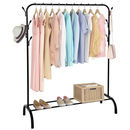 Suport pentru haine cu cadru metalic, cu sina de agatat si carlige cuier, 40x110x146cm, negru [1]