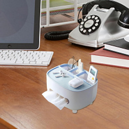 Suport pentru Servetele, , Cutie Multifunctionala, Design Minimalist, ABS, cu Suport pentru Obiectele Personale, pentru Birou, 21x12x12 cm, Albastru [6]