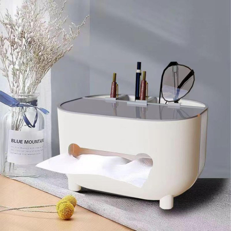 Suport pentru Servetele, , Cutie Multifunctionala, Design Minimalist, ABS, cu Suport pentru Obiectele Personale, pentru Birou, 21x12x12 cm, Gri [9]