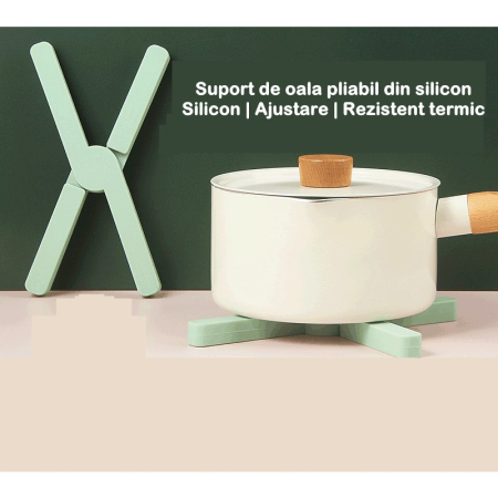 Suport pliabil din silicon pentru vase fierbinti , portabil, usor de depozitat, rezistent la temperaturi foarte ridicate, 14.5 x 7.5 x 1.6 cm, antialunecare, verde [3]