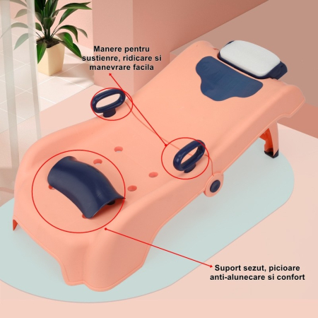 Suport Pliabil pentru Spalat Parul , Pentru Copii, 0 - 16 ani, cu Picioare Antialunecare, Material Polipropilena, Suport Cap Reglabil, cu Manere, 82 x 40 x 28 cm, Roz pal [1]
