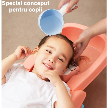 Suport Pliabil pentru Spalat Parul , Pentru Copii, cu Scurgere, cu Picioare Antialunecare, Material Polipropilena, Suport Cap Reglabil, cu Manere, 110 x 35 x 21 cm, Roz [2]