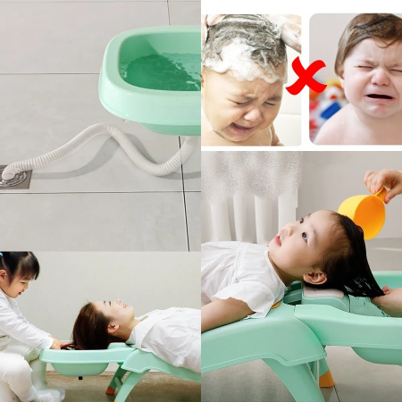 Suport Pliabil pentru Spalat Parul , Pentru Copii, cu Scurgere, cu Picioare Antialunecare, Material Polipropilena, Suport Cap Reglabil, cu Manere, 110 x 35 x 21 cm, Verde [1]